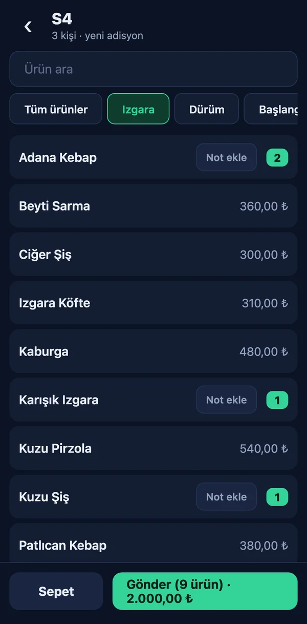 Menü: kategoriler ve seçilen ürünlerin adetleri