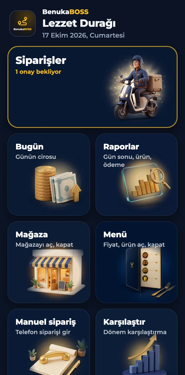 BenukaBOSS ana ekranı: Siparişler, Bugün, Raporlar, Mağaza ve Menü