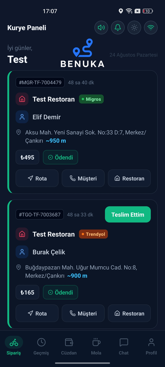 Benuka kurye uygulaması · aktif siparişler listesi, rota ve arama