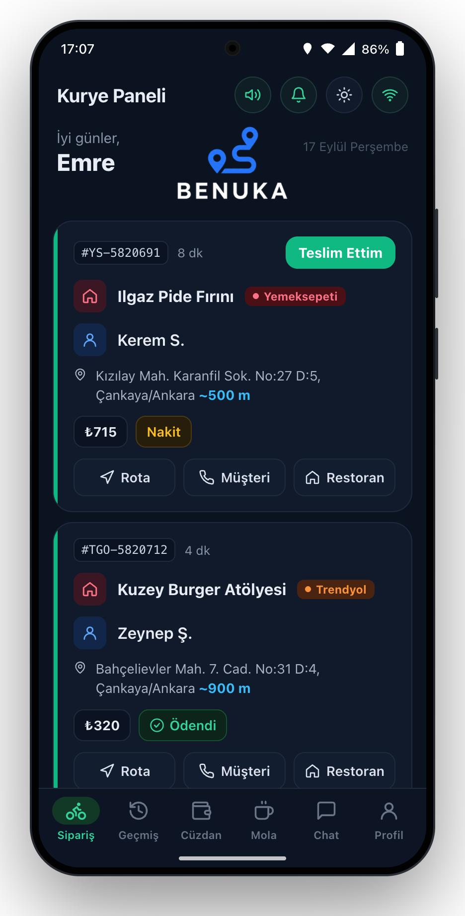BenukaGO kurye uygulaması Android ekranında · aktif siparişler, rota ve arama
