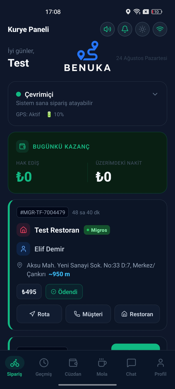 Benuka kurye uygulaması · durum, günlük kazanç ve aktif sipariş