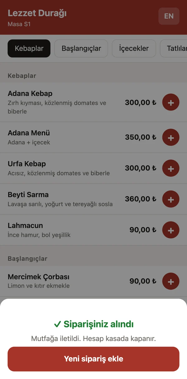 Siparişiniz alındı: mutfağa iletildi