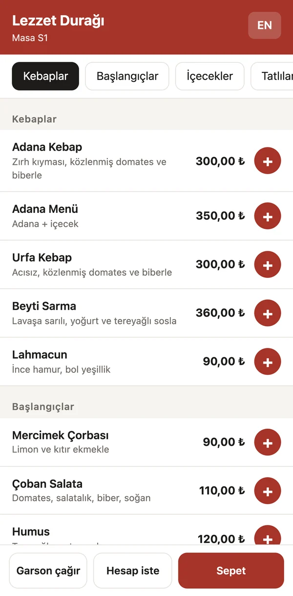 QR menü: kategoriler, açıklamalar ve fiyatlar