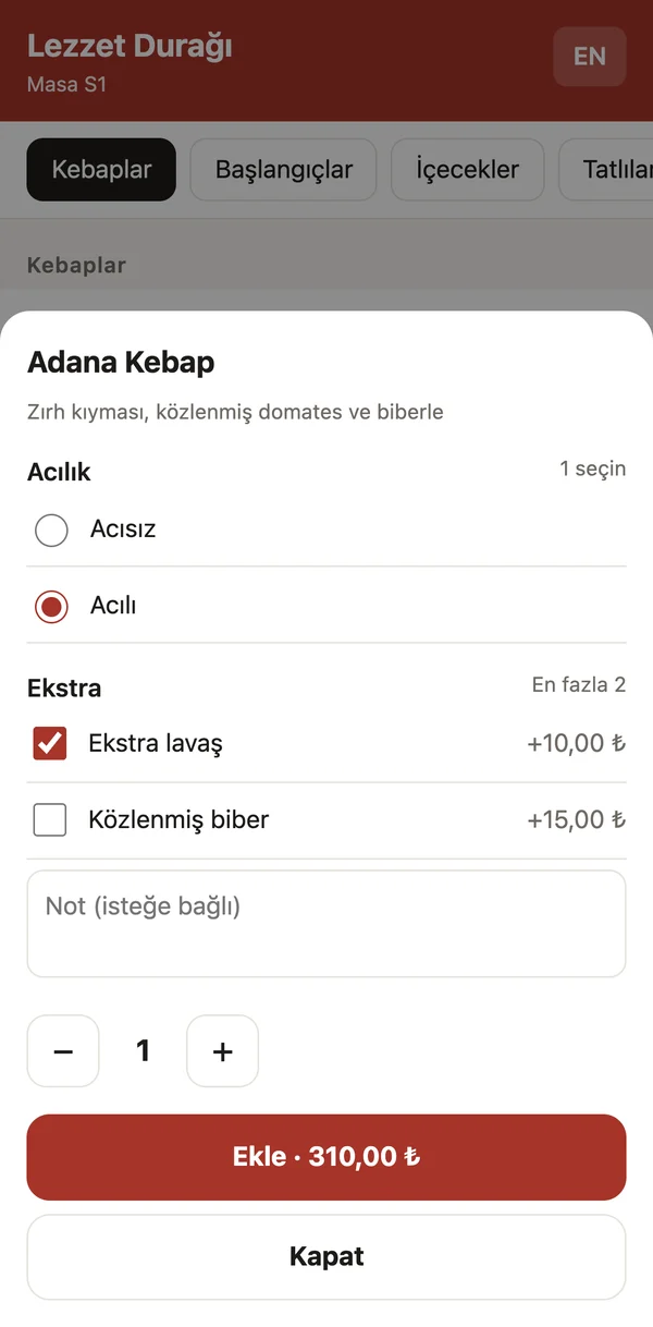 Ürün seçenekleri: acılık ve ekstra