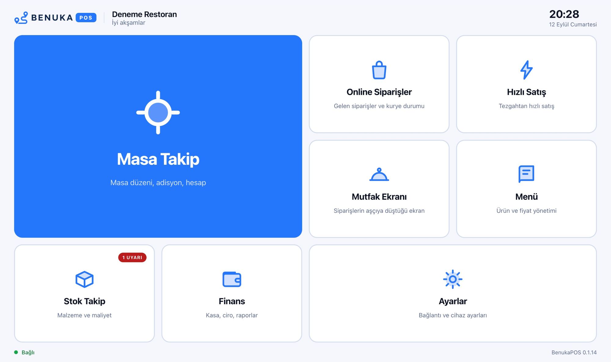 BenukaPOS açılış ekranı: Masa Takip, Online Siparişler, Hızlı Satış, Mutfak Ekranı, Menü, Stok Takip, Finans ve Ayarlar modülleri